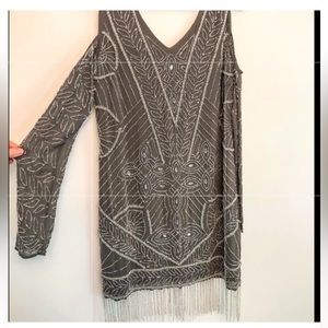Frock and frill Formal Gatsby beaded Fringe Cold Shoulder Dress